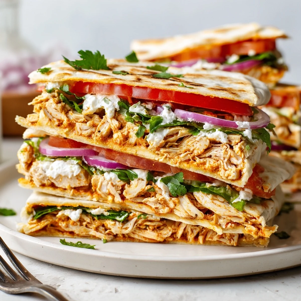 Protein-packed crispy cottage cheese flatbread wraps stuffed with seasoned shredded chicken and crisp lettuce