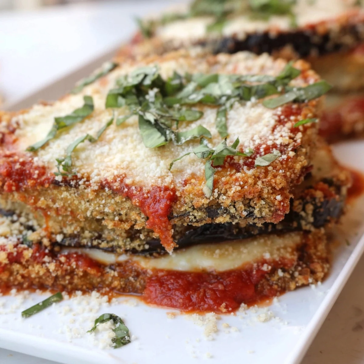 Golden baked eggplant parmesan casserole with bubbling mozzarella and fresh basil garnish