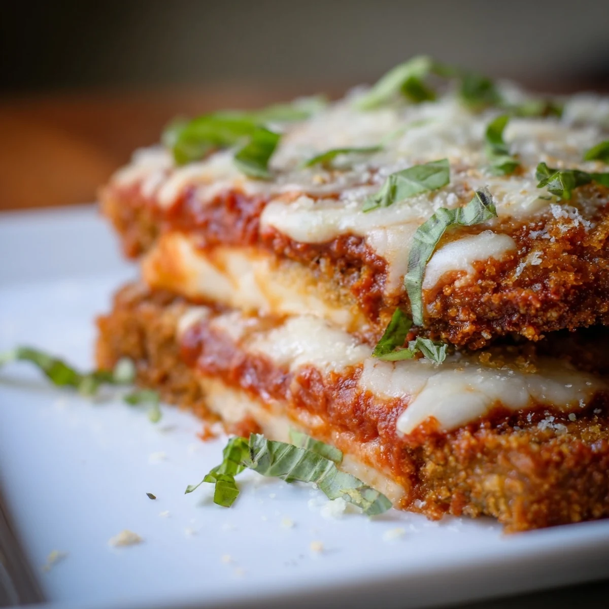 Crispy breaded eggplant parmesan layered with marinara and melted cheese in a baking dish