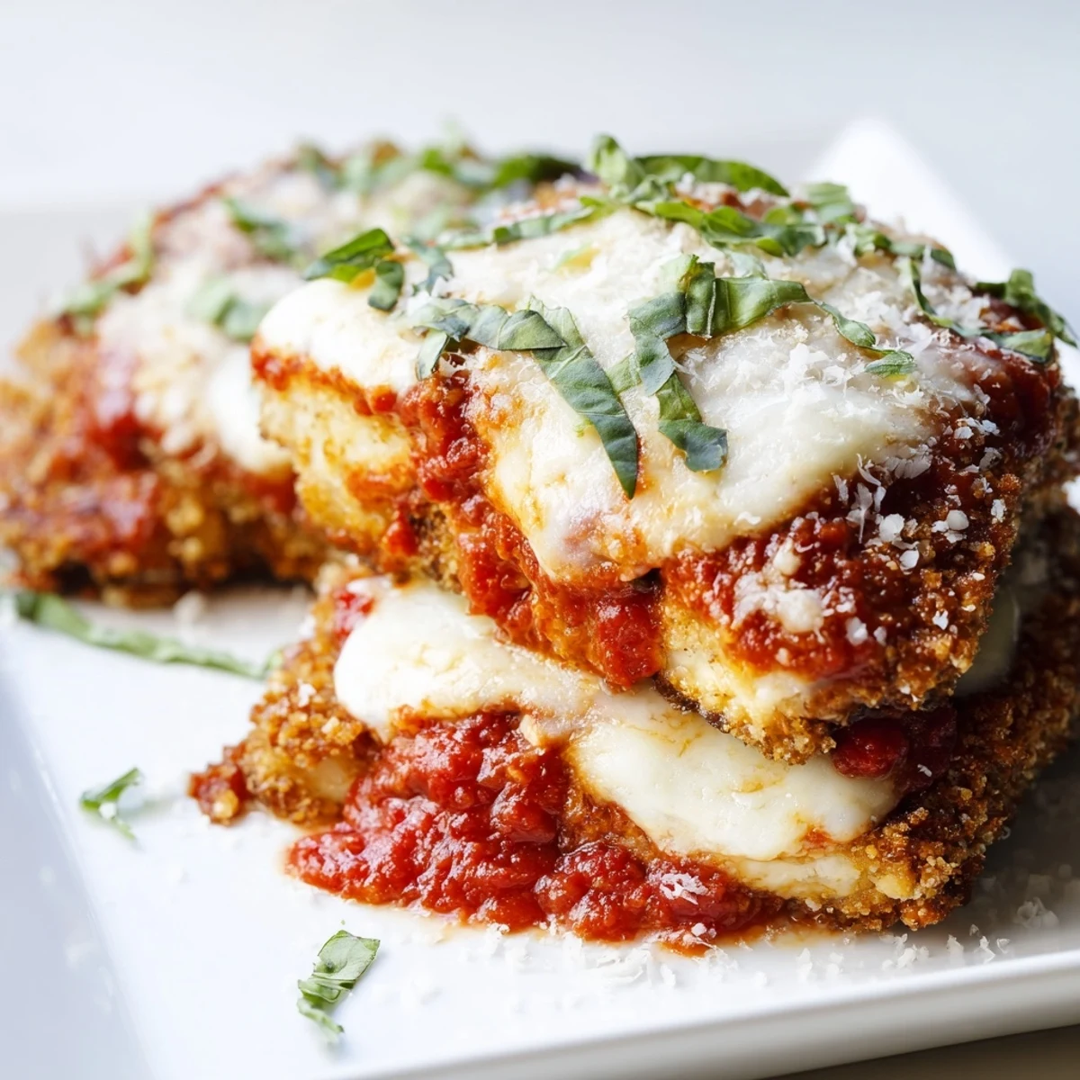 Homemade baked eggplant parmesan with golden crust and rich tomato sauce topping