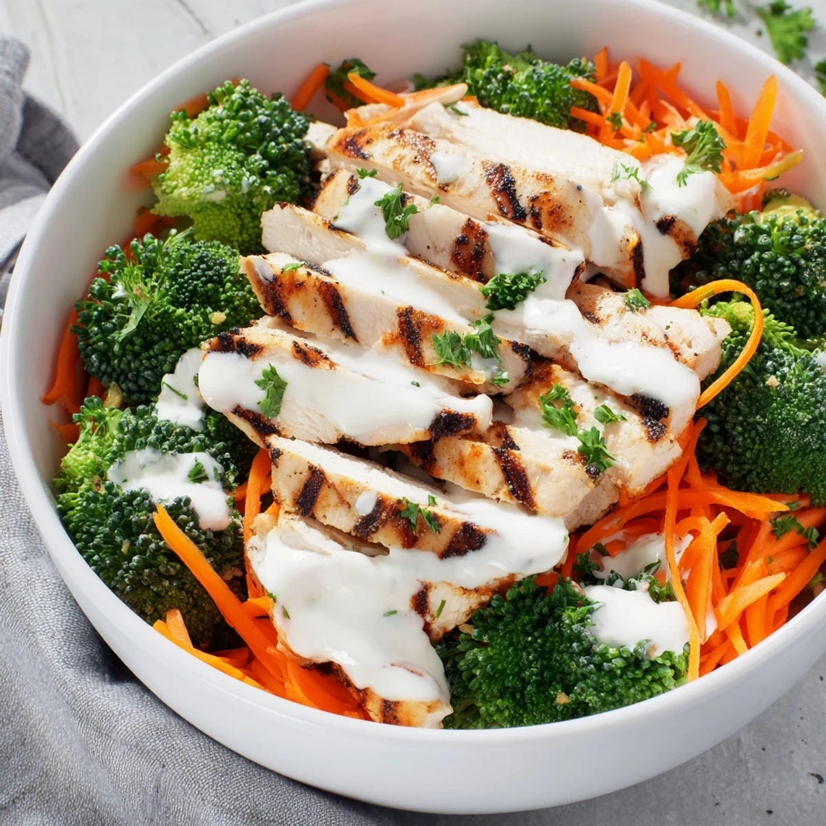 Healthy grilled chicken broccoli bowls with creamy garlic sauce drizzled over steamed florets and brown rice