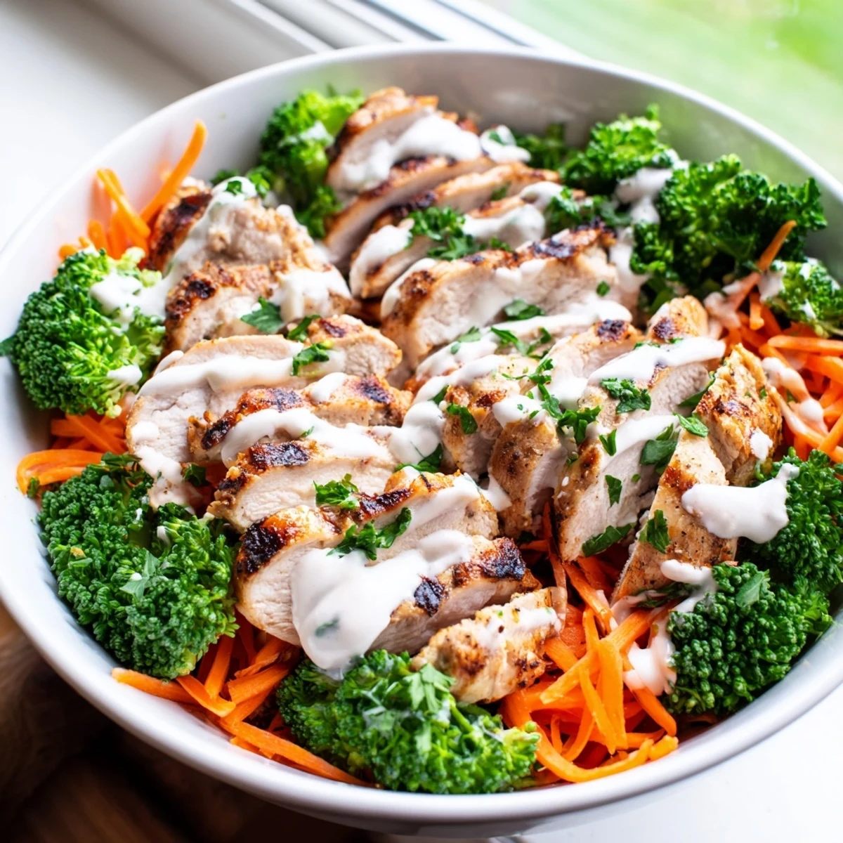 Nourishing grain bowl featuring juicy spiced grilled chicken, fresh broccoli, and tangy creamy garlic sauce