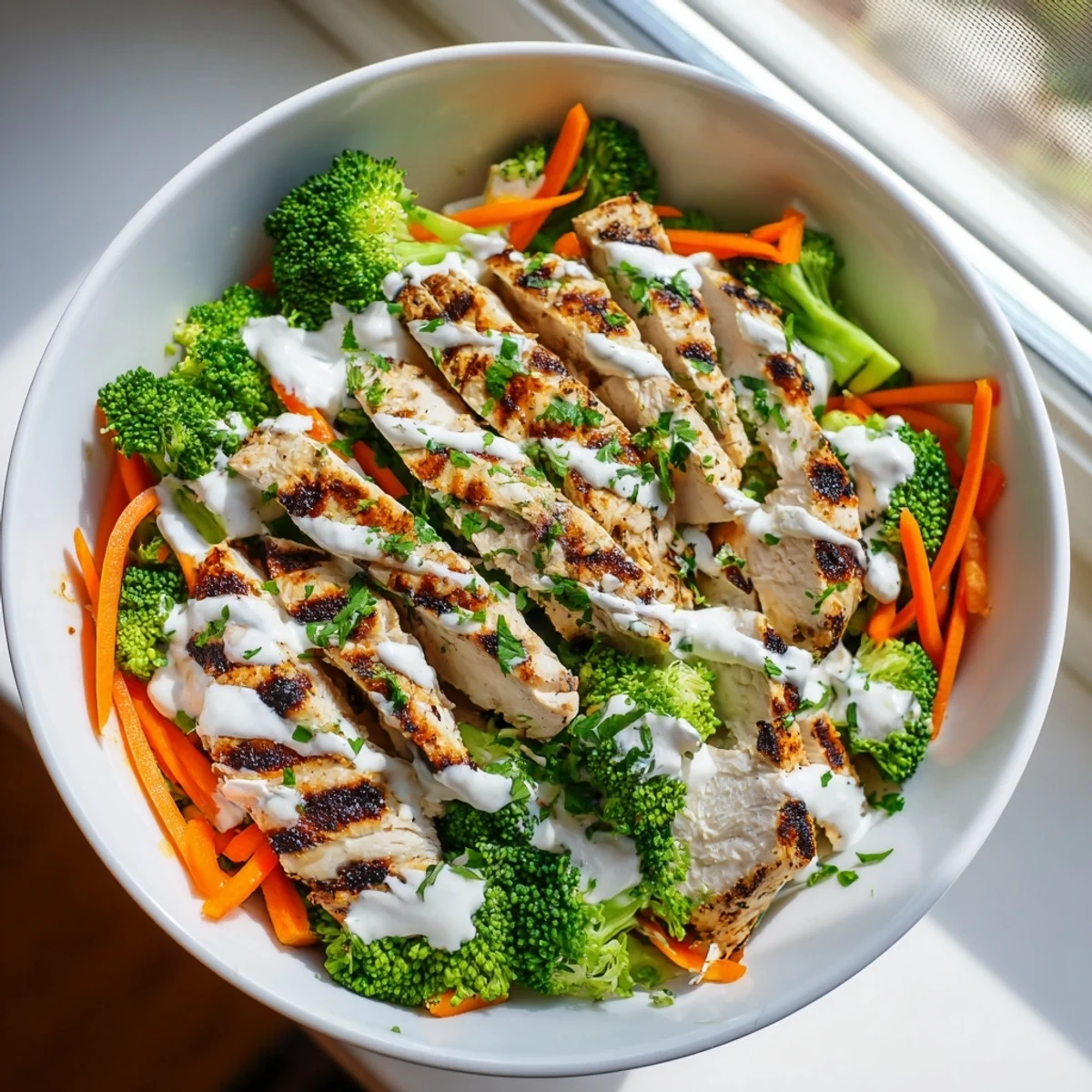 Tender sliced grilled chicken atop steamed broccoli and quinoa finished with luscious healthy creamy garlic sauce