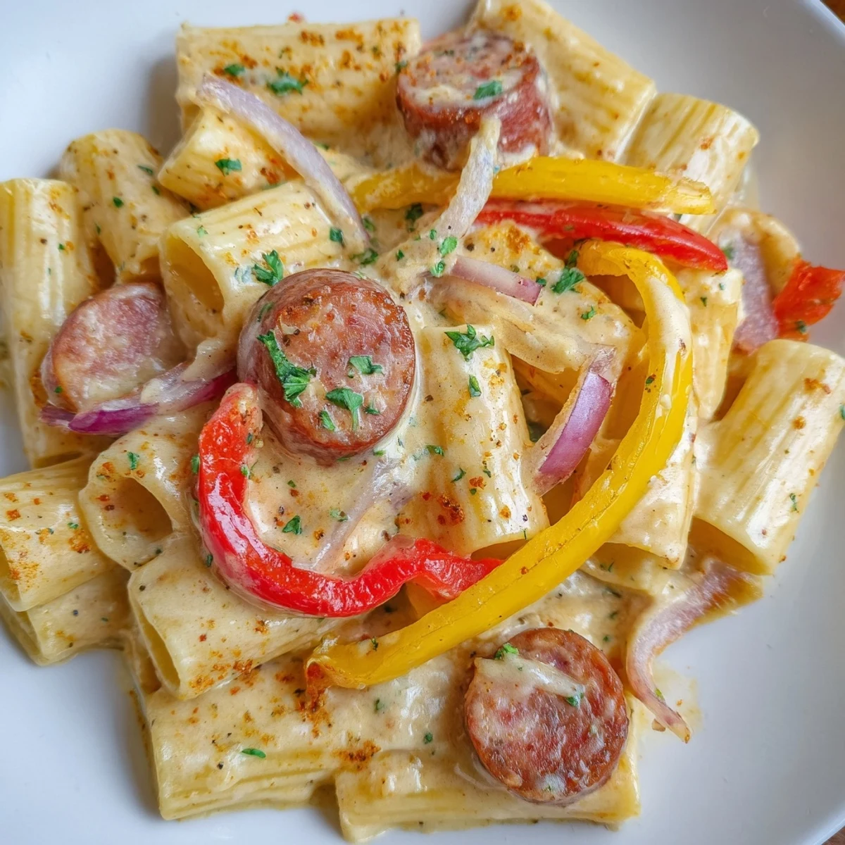Creamy Cajun sausage pasta tossed with colorful bell peppers in a spicy sauce