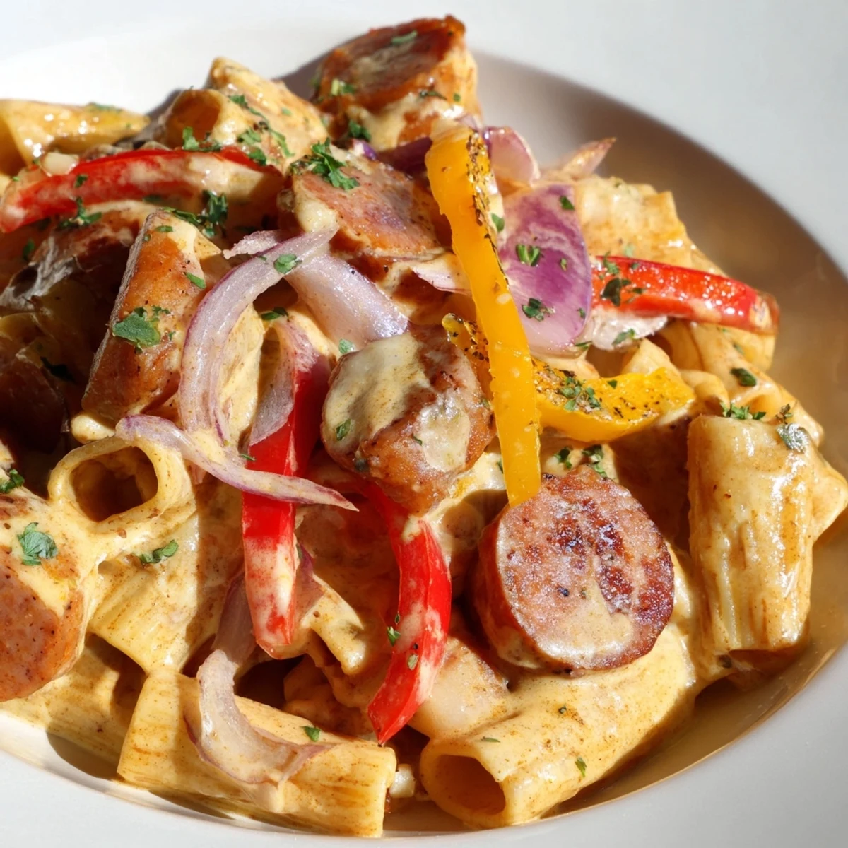 Savory Cajun sausage pasta dish topped with fresh parsley and grated Parmesan cheese