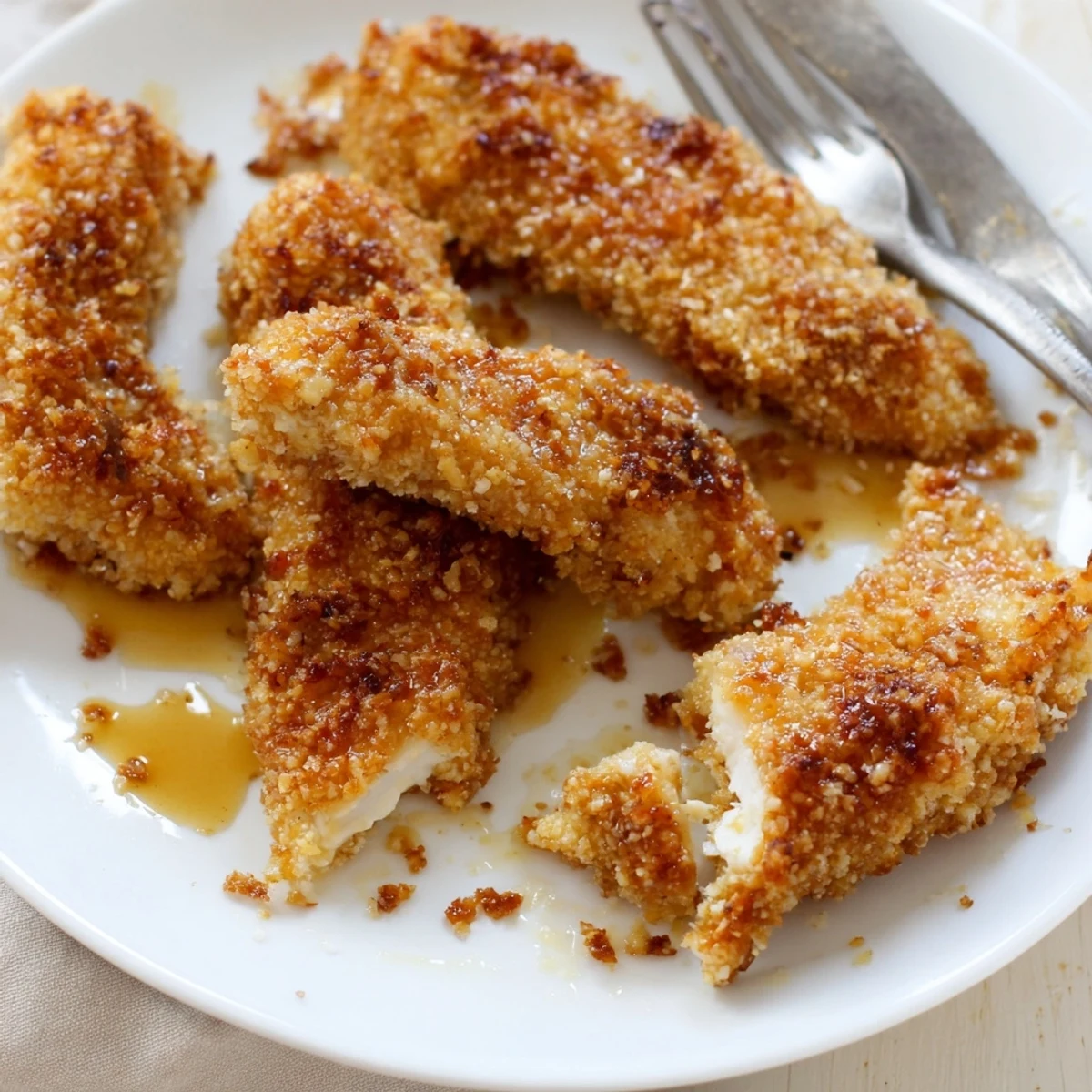 Golden honey mustard chicken tenders with crispy coating served alongside tangy dipping sauce