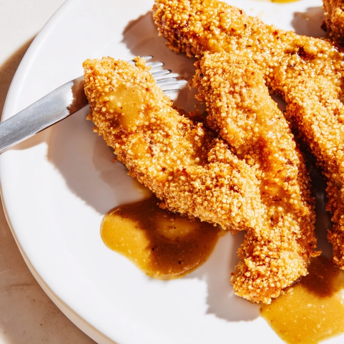 Baked honey mustard chicken tenders arranged on white plate with honey mustard drizzle