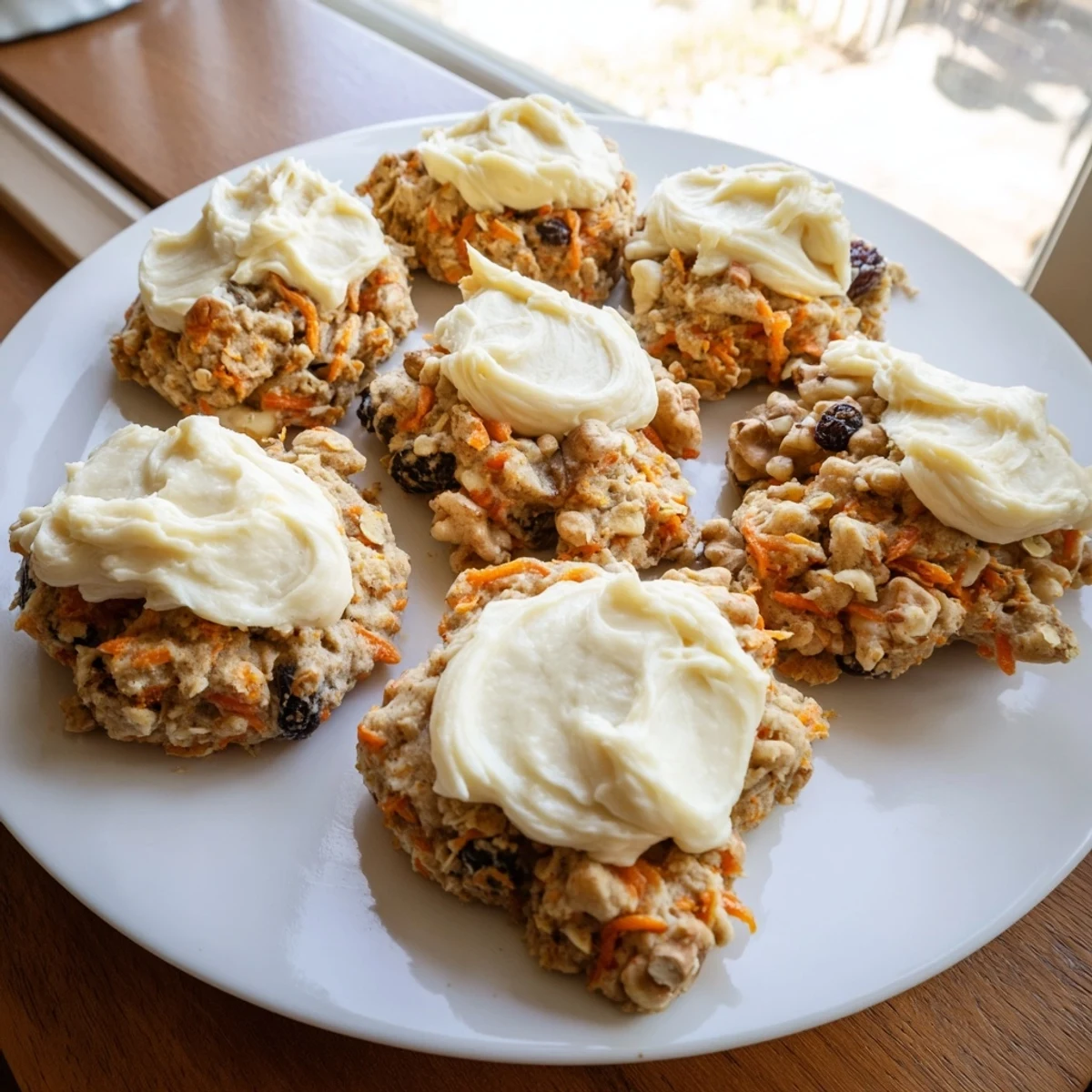 Soft carrot cake cookies with cream cheese frosting on a wooden board