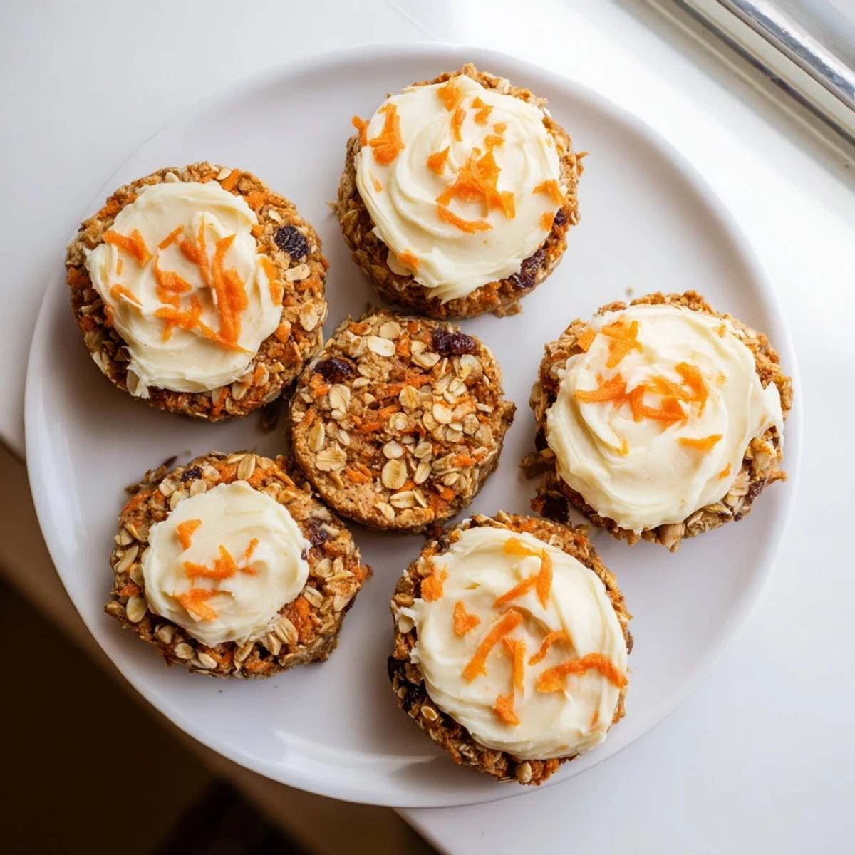 Homemade carrot cake cookies filled with grated carrots and topped with sweet cream cheese frosting
