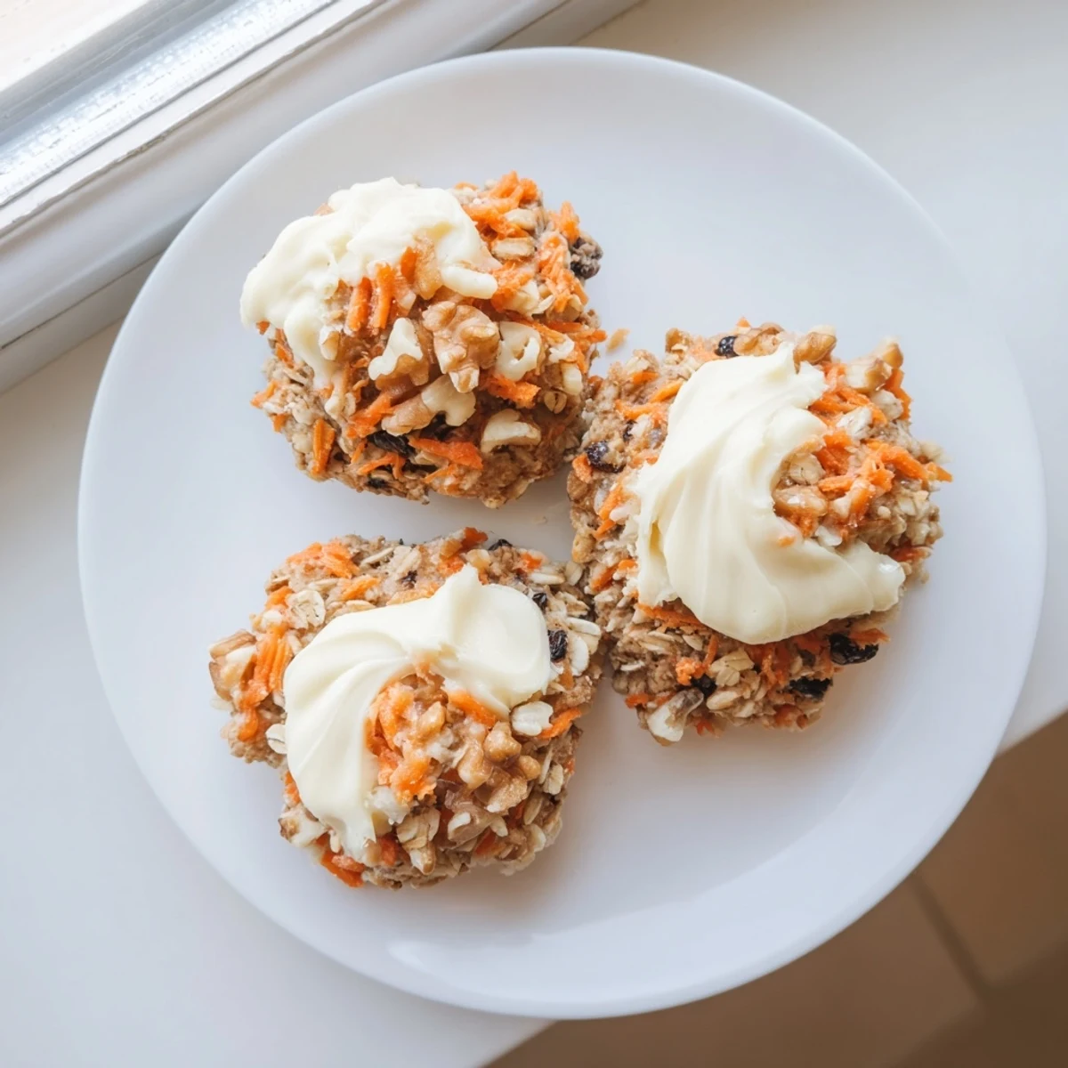Golden spiced carrot cake cookies topped with fluffy white frosting and walnut pieces