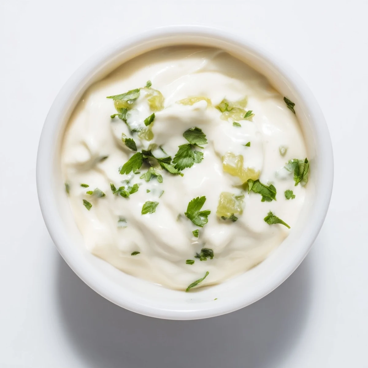 Creamy white Mexican sauce drizzled over crispy golden tacos with fresh cilantro garnish