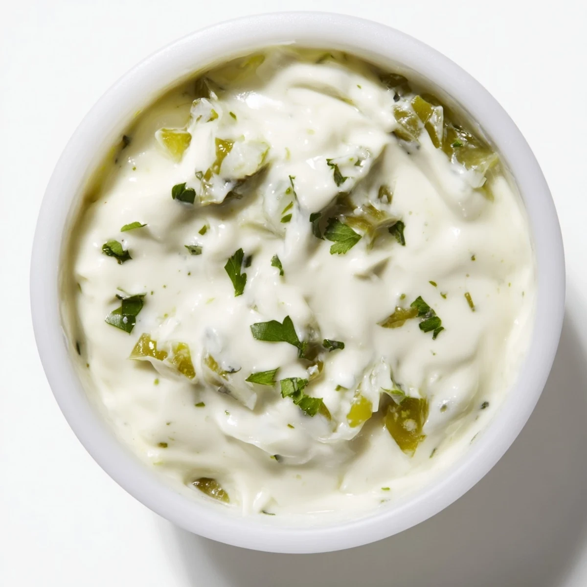 Bowl of tangy Mexican white sauce ready for dipping warm tortilla chips