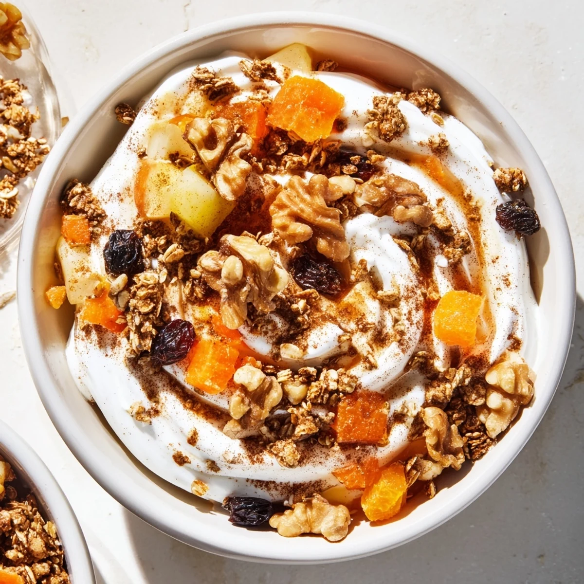 Creamy carrot cake yogurt bowl topped with grated carrots, walnuts, raisins, and warm spices