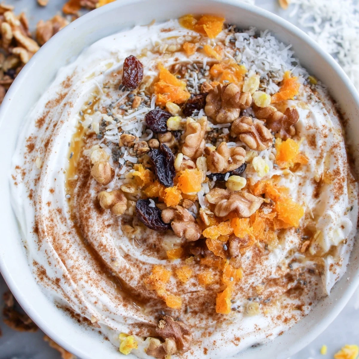 Healthy breakfast bowl featuring Greek yogurt mixed with cinnamon, shredded carrots, and crunchy granola