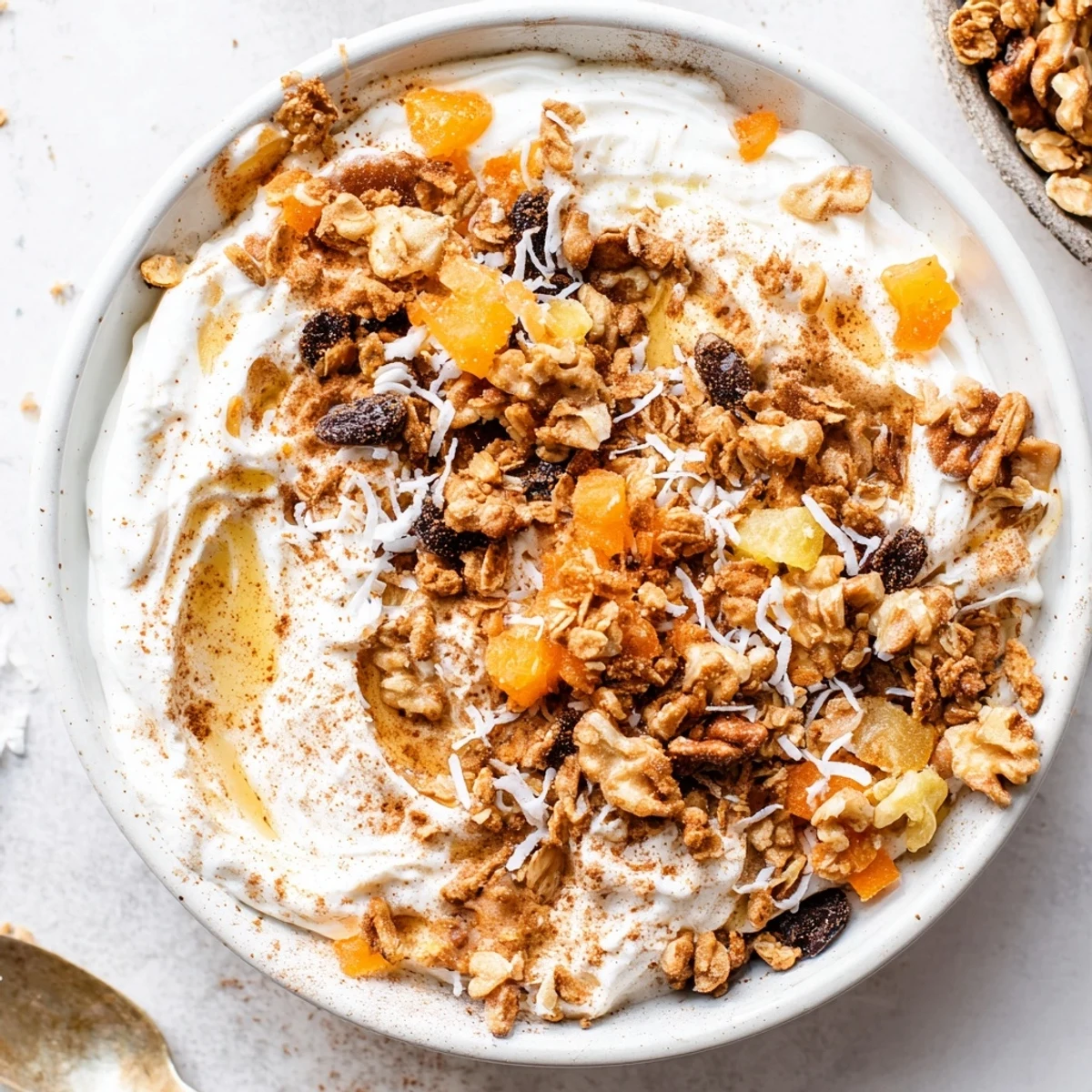 Wholesome carrot cake yogurt bowl layered with coconut, chia seeds, pecans, and sweet maple syrup