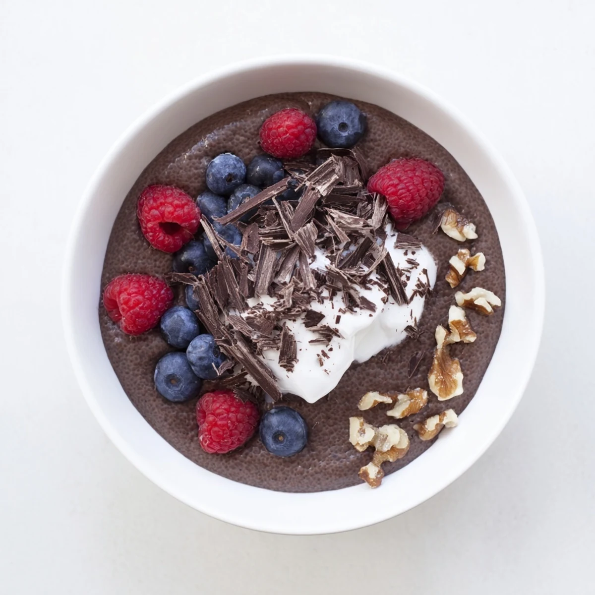 Creamy chocolate flaxseed pudding topped with fresh raspberries and dark chocolate shavings in a glass bowl