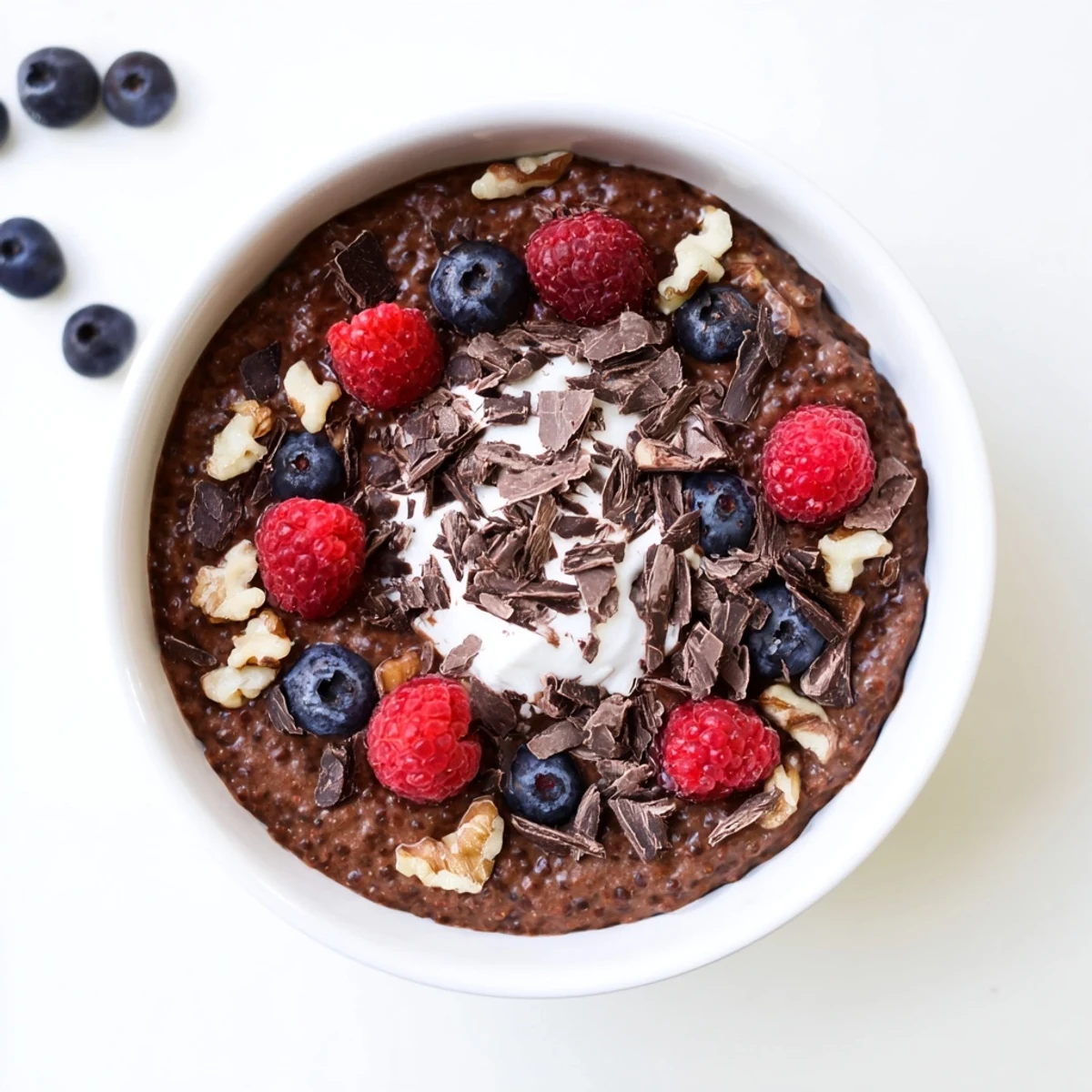 Rich chocolate flaxseed pudding chilled until thick and garnished with fresh mint and chopped nuts