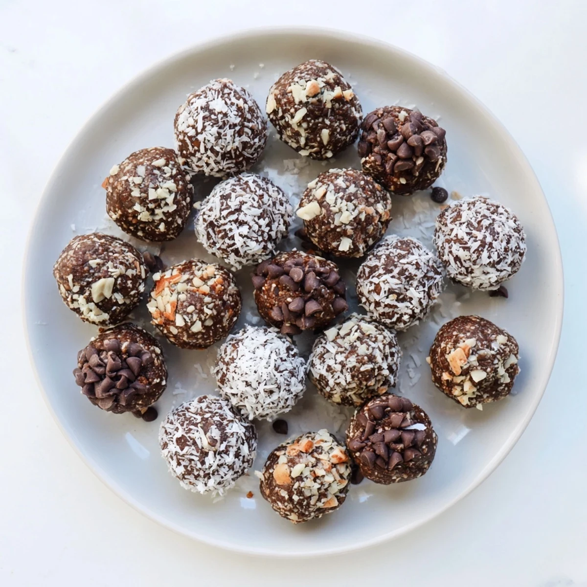 Gooey chocolate no bake brownie bites topped with chopped walnuts and mini chocolate chips for dessert