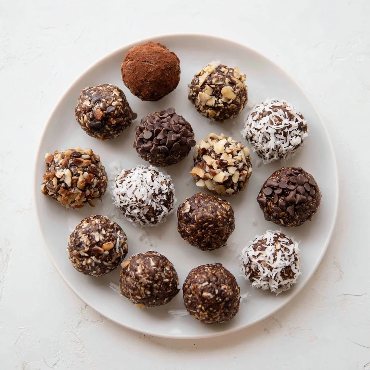 Rich fudgy no bake brownie bites rolled in coconut and chocolate chips on a white plate