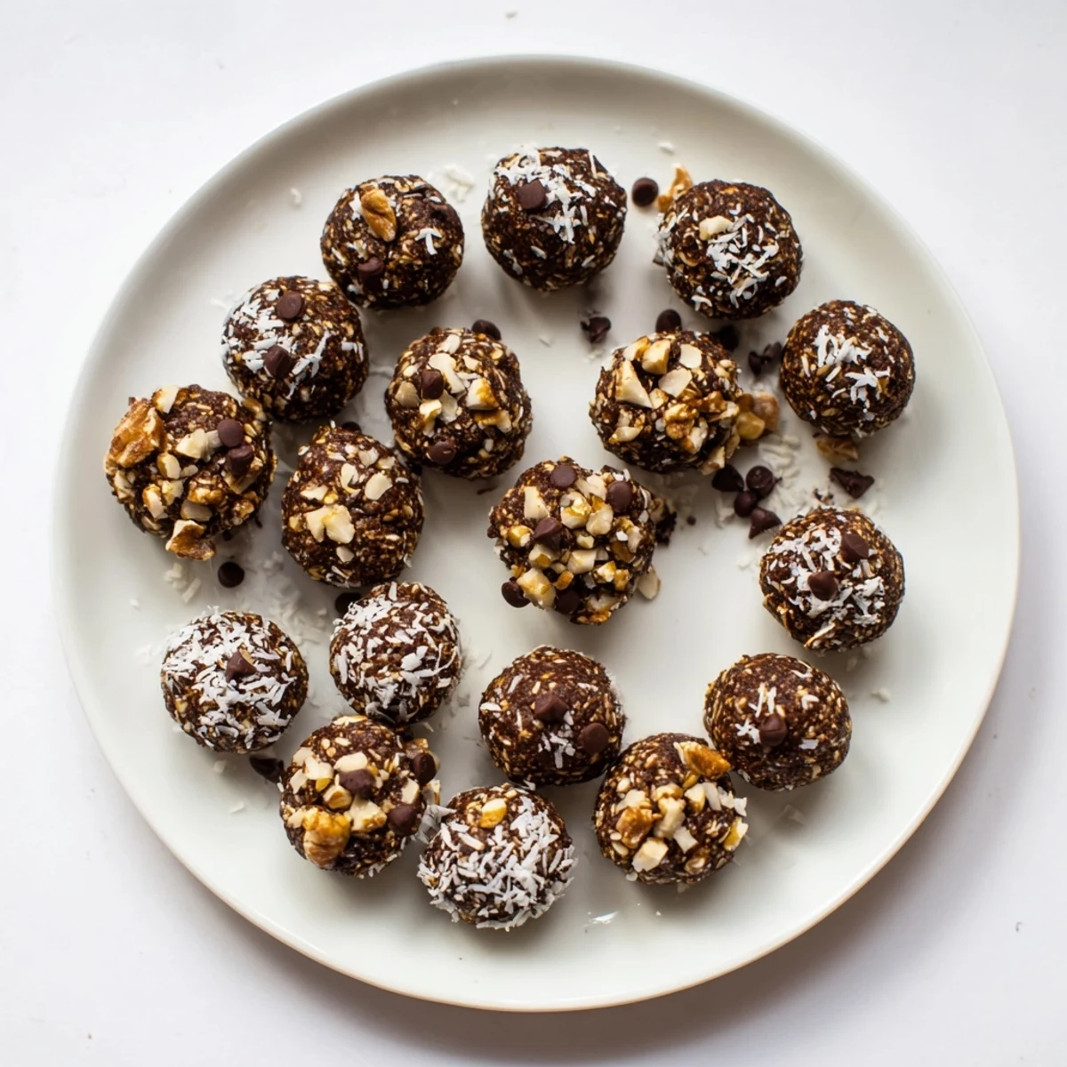 Homemade no bake brownie bites with cocoa powder and dates arranged on a serving platter