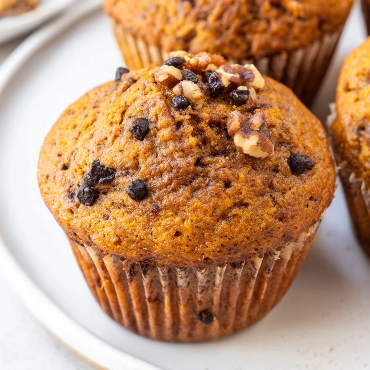 Moist pumpkin banana muffins topped with chopped walnuts served on a rustic wooden cutting board