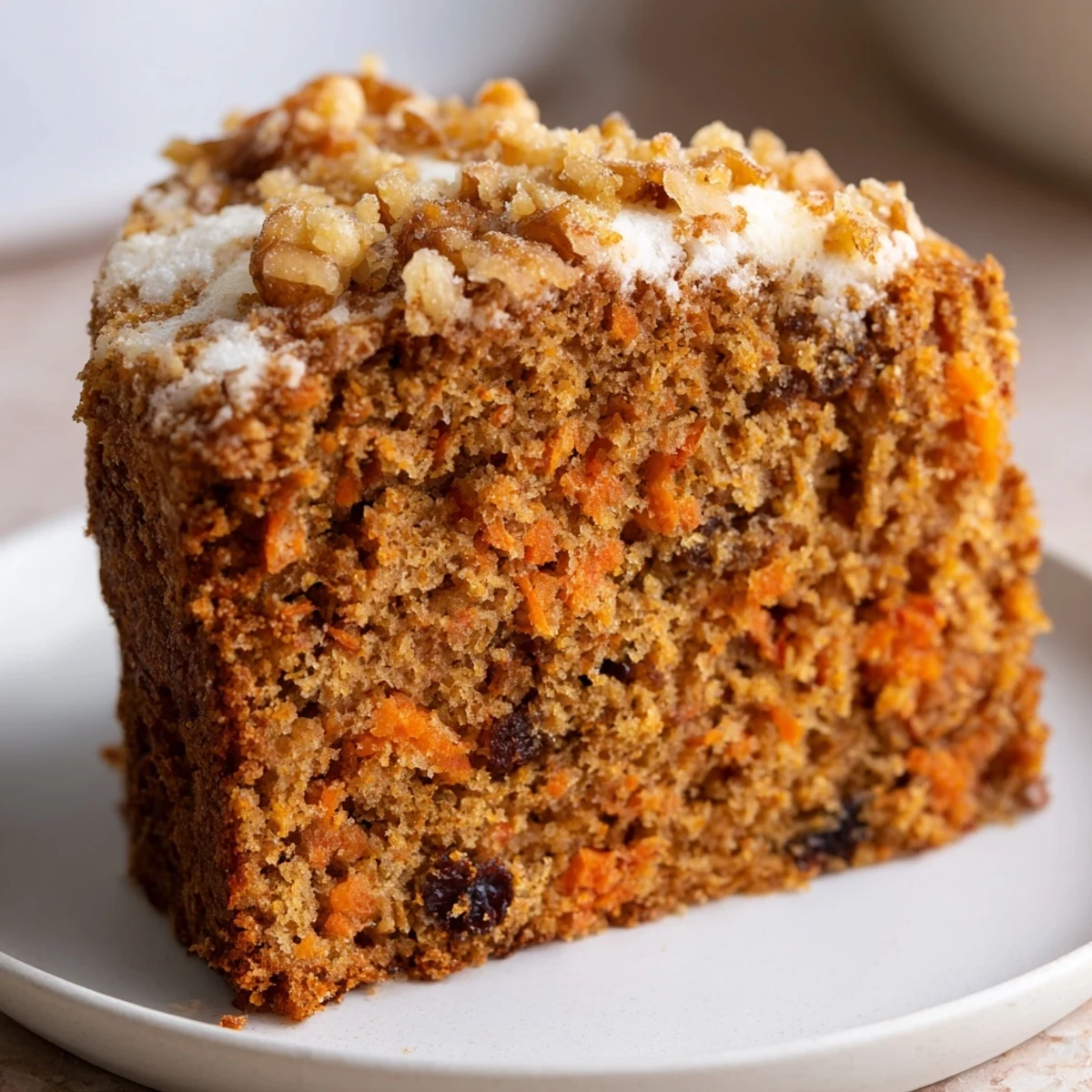 Moist flourless oatmeal carrot cake slice topped with cream cheese frosting and chopped walnuts