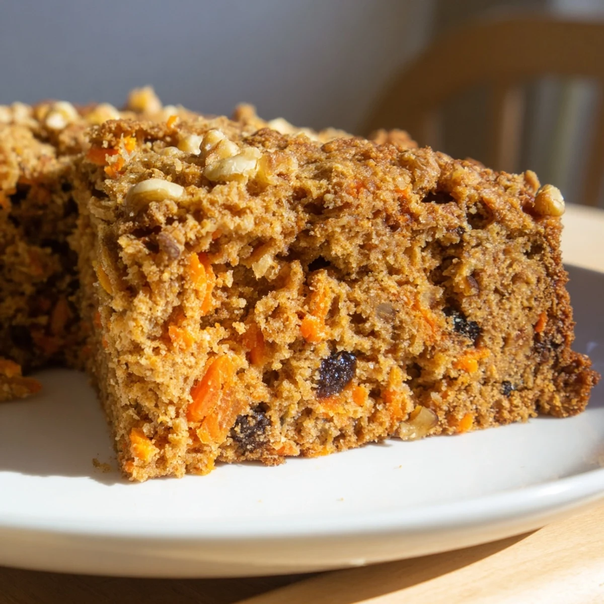 Wholesome flourless oatmeal carrot cake sprinkled with cinnamon and served on white dessert plate