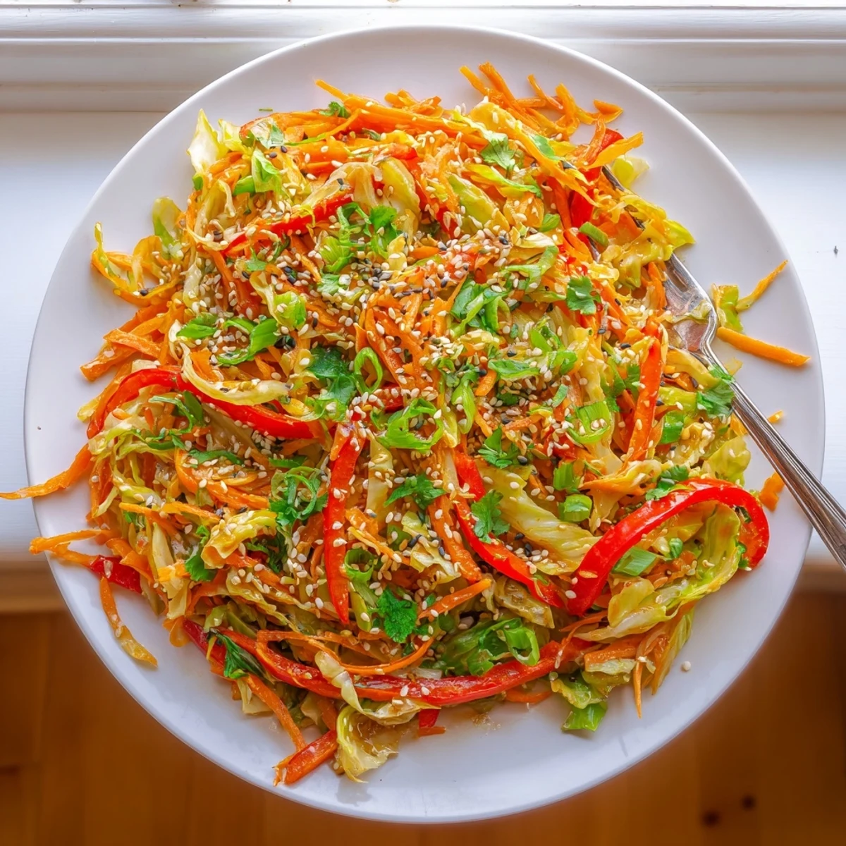 Vibrant Asian cabbage stir fry recipe featuring crisp vegetables coated in sesame soy sauce
