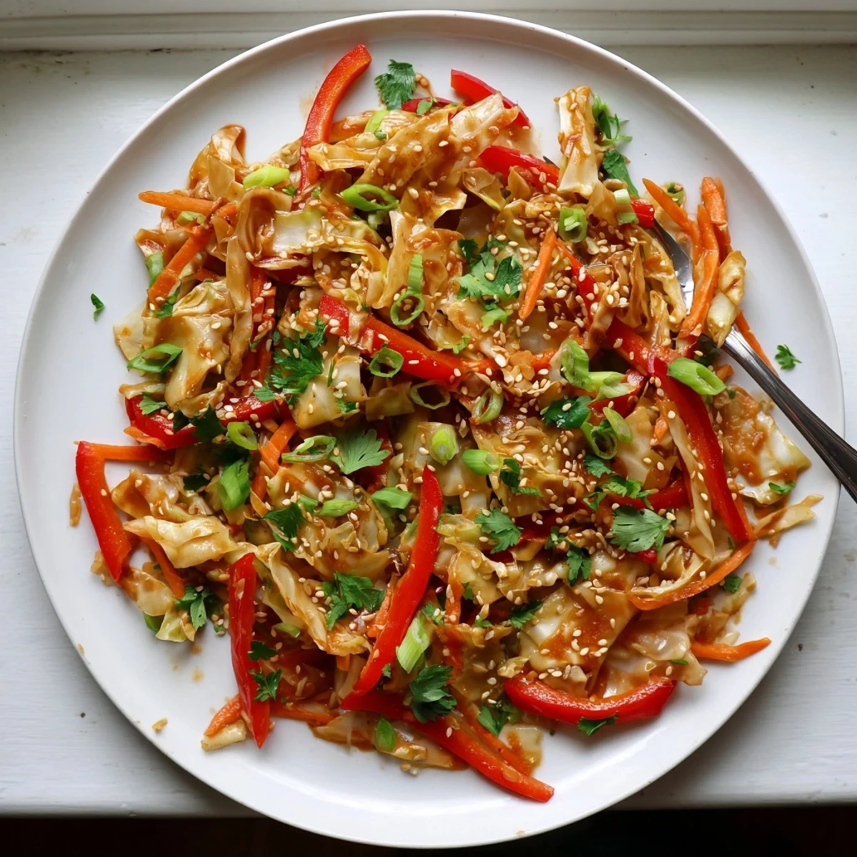 Quick cabbage stir fry recipe plated with green onions and toasted sesame seed garnish