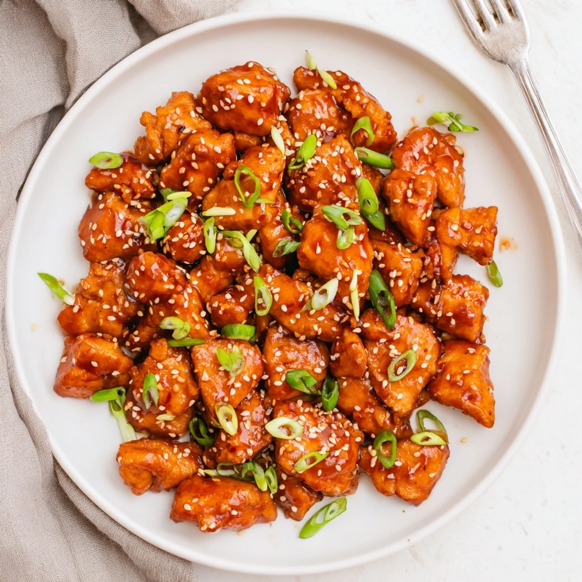 Savory ground chicken coated in sweet tangy sauce garnished with fresh green onions and sesame seeds
