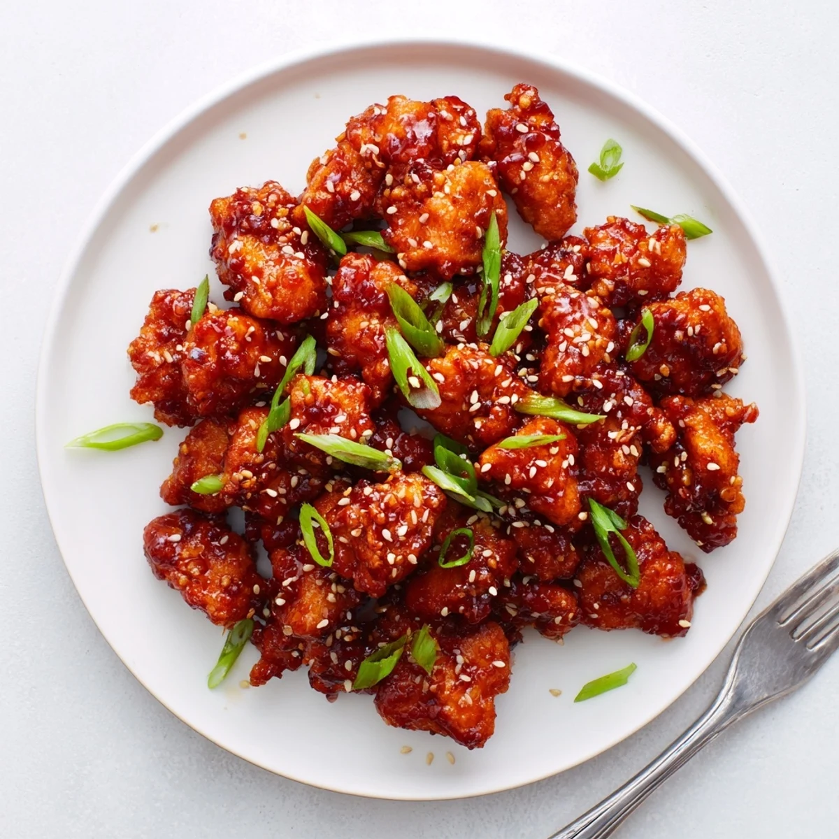 Weeknight dinner bowl featuring browned ground chicken thighs in a thick sticky General Tso inspired sauce