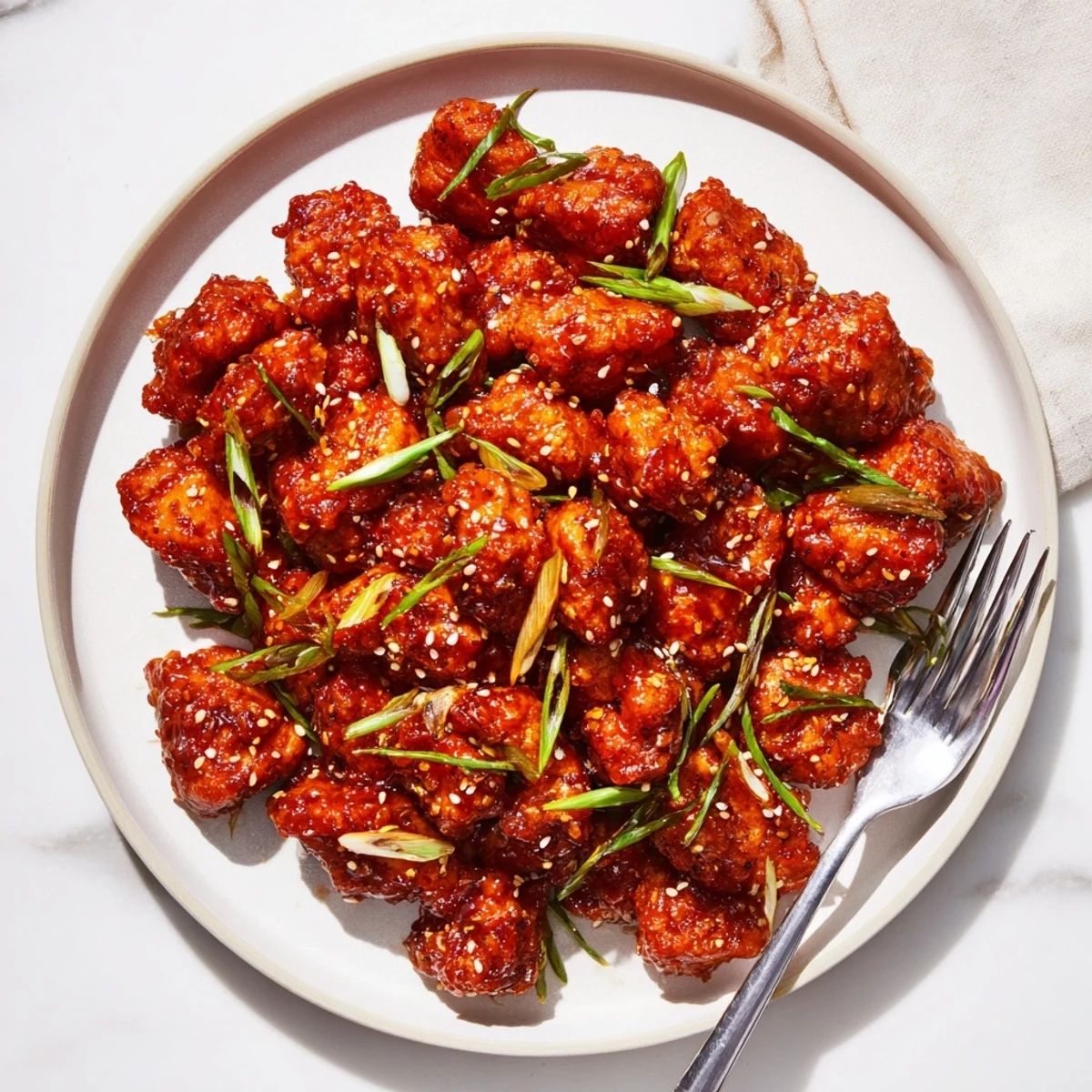 Crisp white rice topped with glossy Ground Tsos Chicken and vibrant scallions in a rich dark glaze