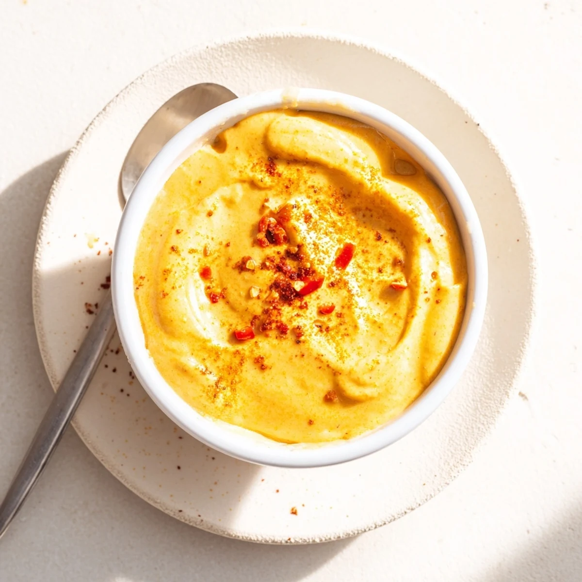 Vegan nacho cashew cheese sauce served warm in a rustic bowl beside fresh vegetable crudités