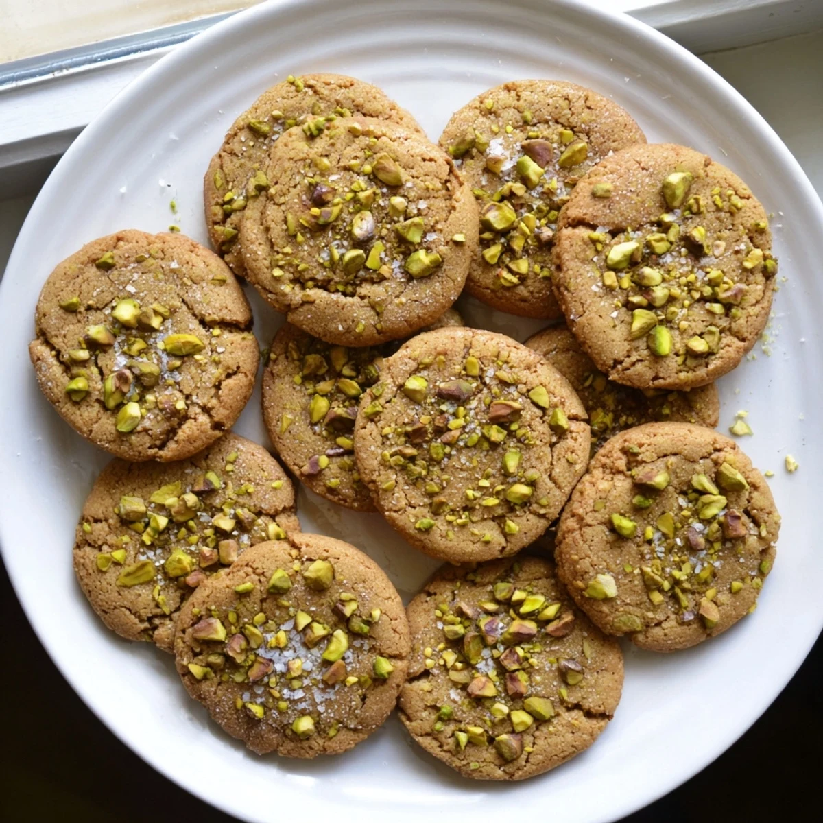 Golden brown salted honey pistachio cookies topped with flaky sea salt on a wire rack