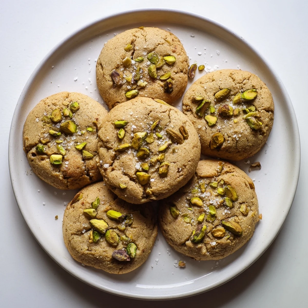 Soft chewy honey pistachio cookies sprinkled with sea salt cooling on parchment paper