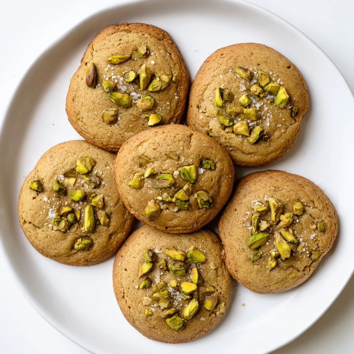 Baked salted honey pistachio cookies with chopped nuts and sea salt garnish on wooden board
