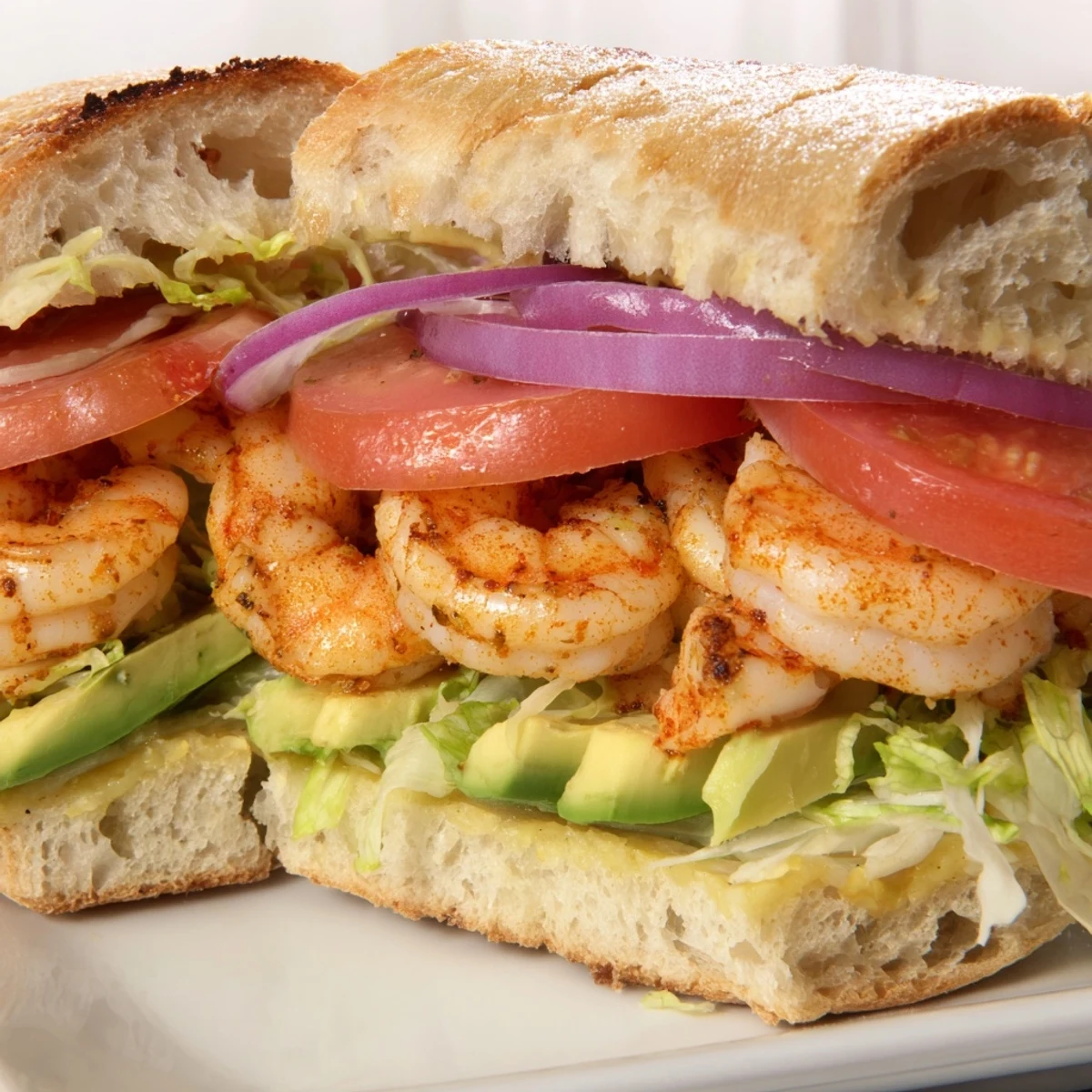 Golden sautéed shrimp sandwich layered with fresh avocado, tomato, and crisp lettuce on a toasted bun