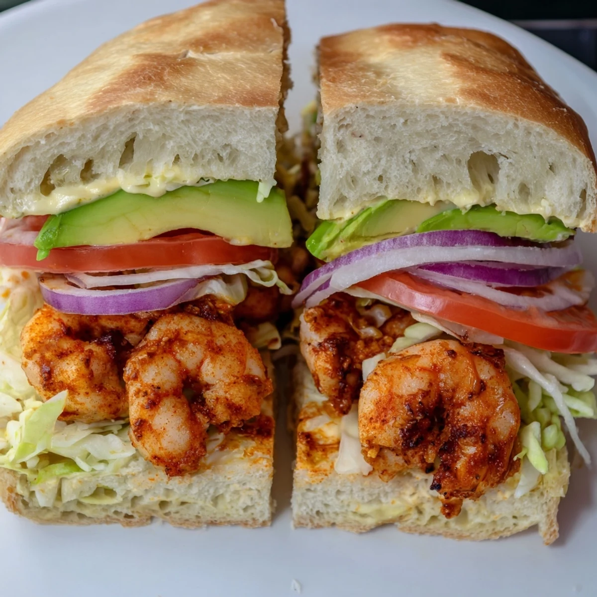 Hearty shrimp sandwich featuring succulent seasoned seafood nestled between soft ciabatta with vibrant vegetable toppings