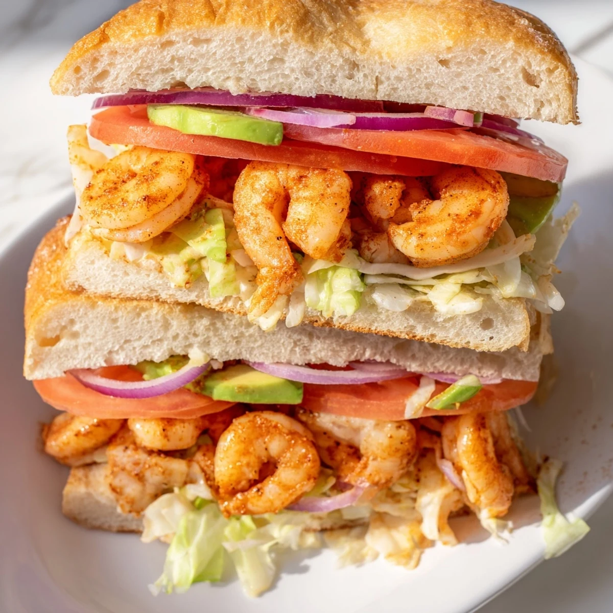 Delicious shrimp sandwich stacked high with creamy dressing, sautéed shellfish, and garden vegetables on golden bread