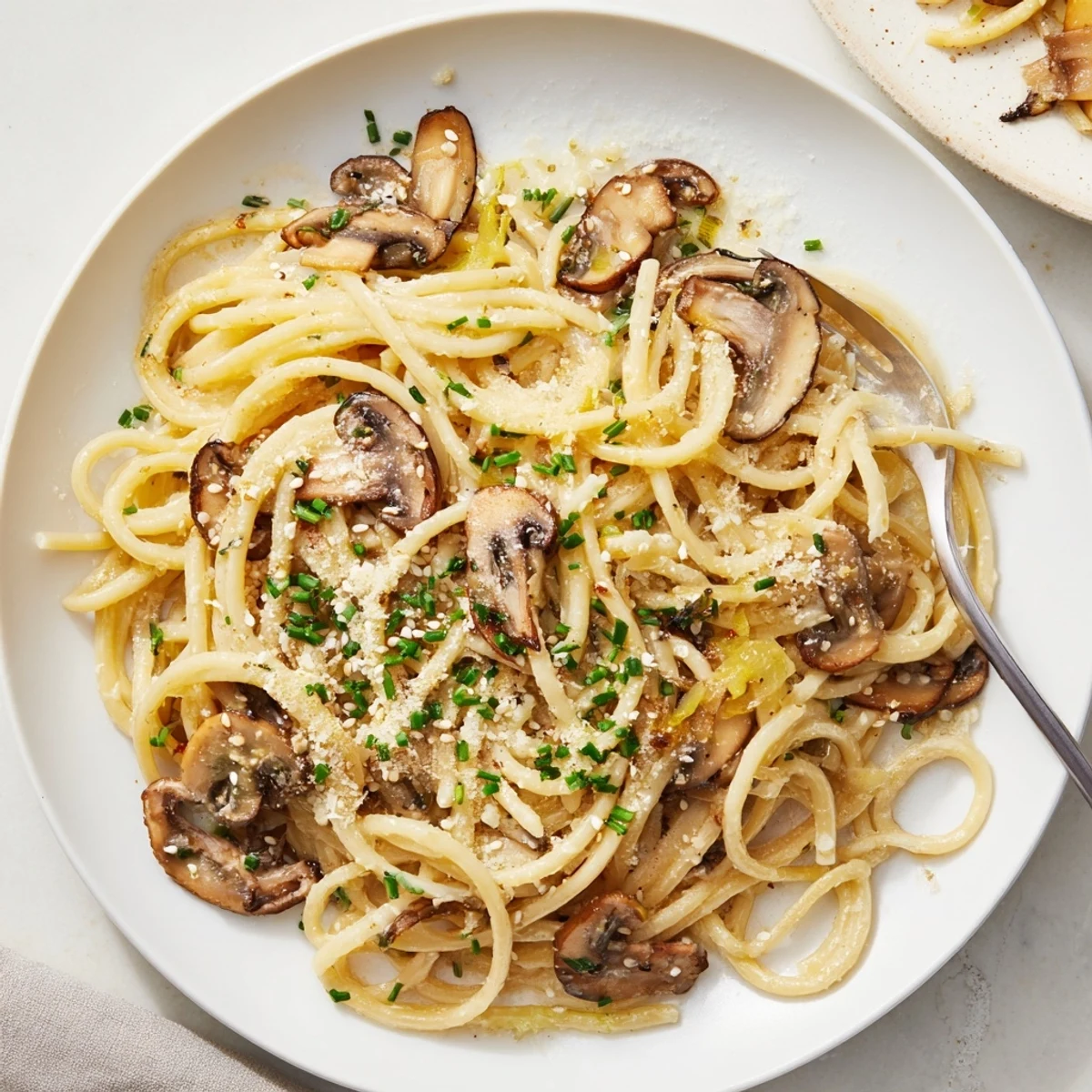 Golden mushroom pasta noodles coated in silky miso cream sauce with fresh herbs