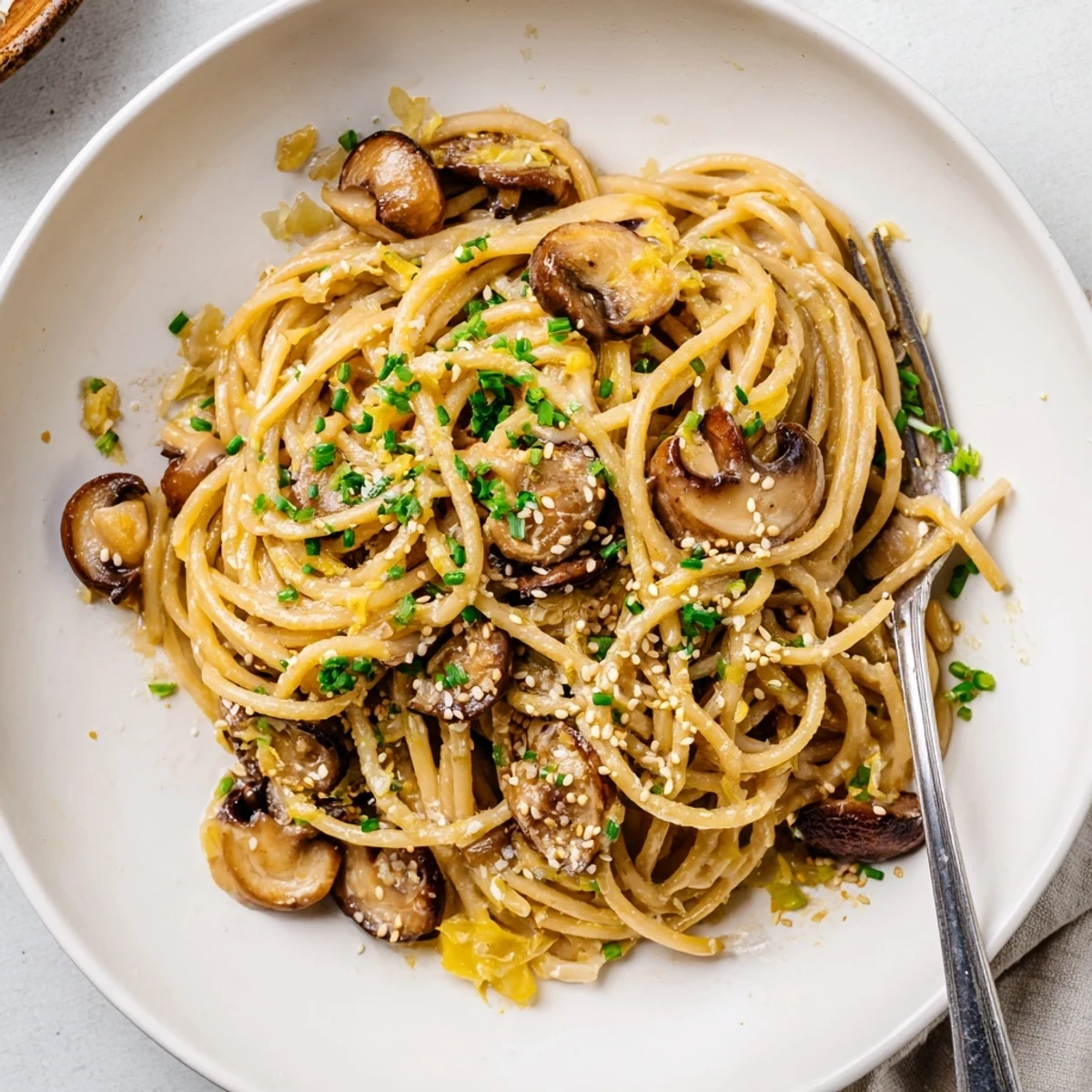 Japanese-Italian fusion dish featuring sautéed mushrooms in rich umami cream sauce over spaghetti