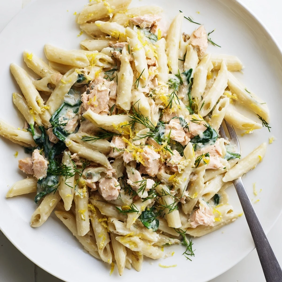 Golden penne pasta tossed with tender salmon and spinach in a velvety white cream sauce