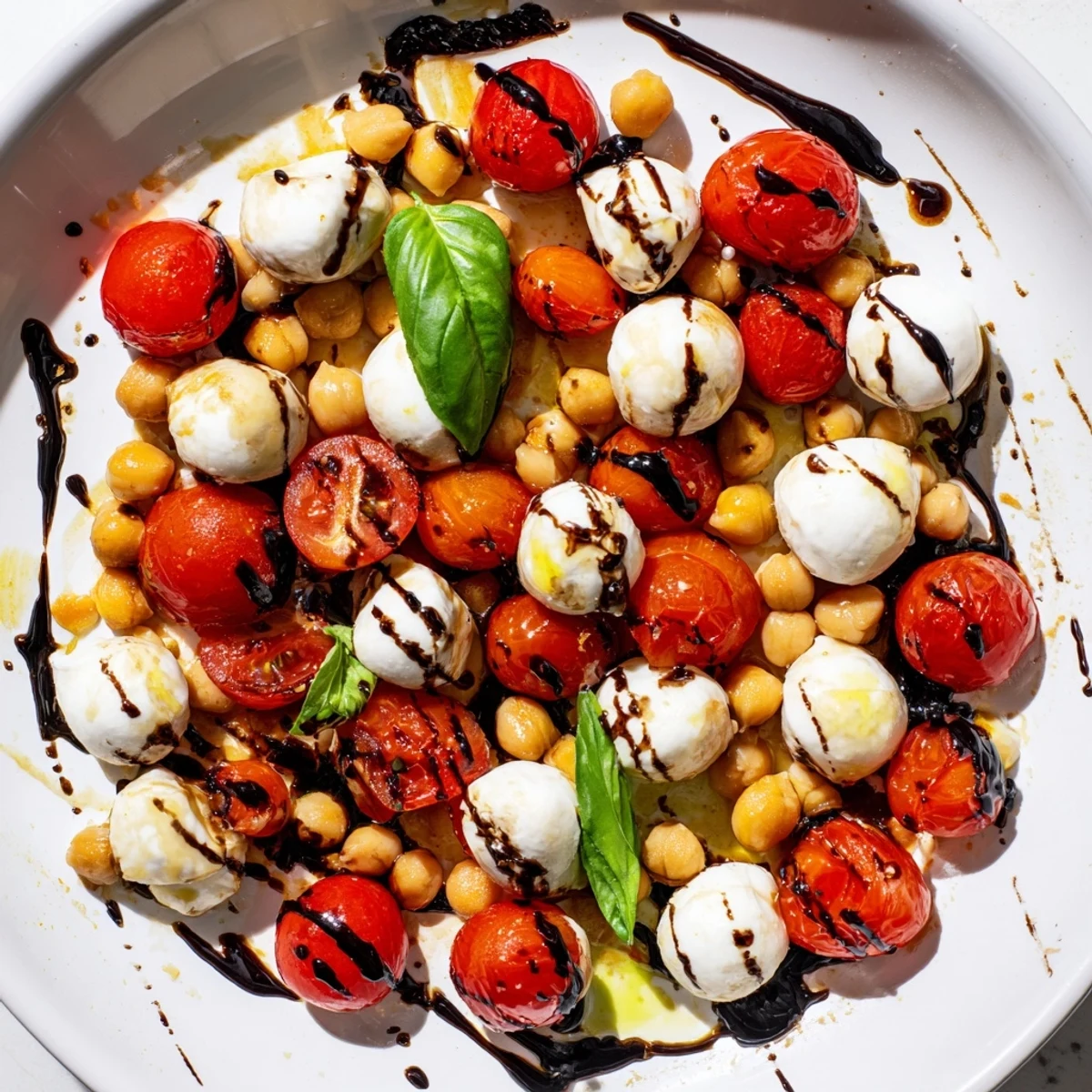 High protein Caprese chickpea salad bowl with juicy tomatoes, mozzarella balls, and fresh basil leaves drizzled with balsamic glaze