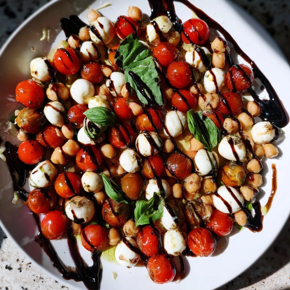 Protein-packed Caprese chickpea salad plated with halved mozzarella balls, fresh basil, and balsamic reduction on a white serving dish