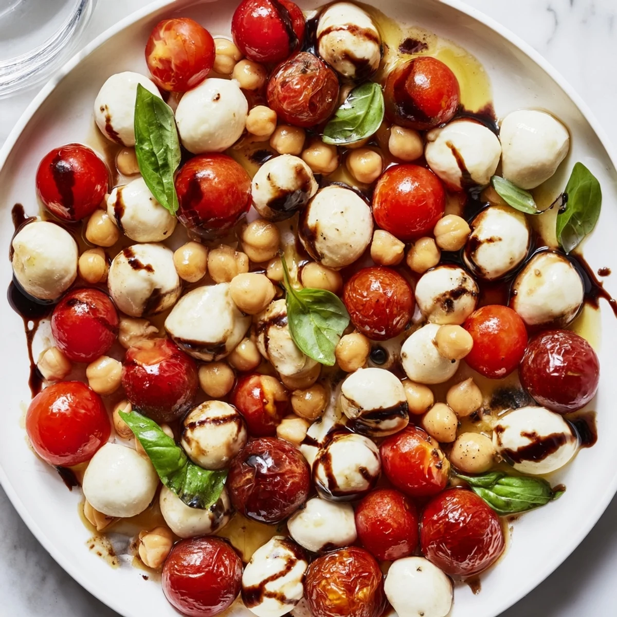 Colorful Caprese chickpea salad featuring chickpeas, cherry tomatoes, and creamy mozzarella tossed in olive oil and garnished with torn basil