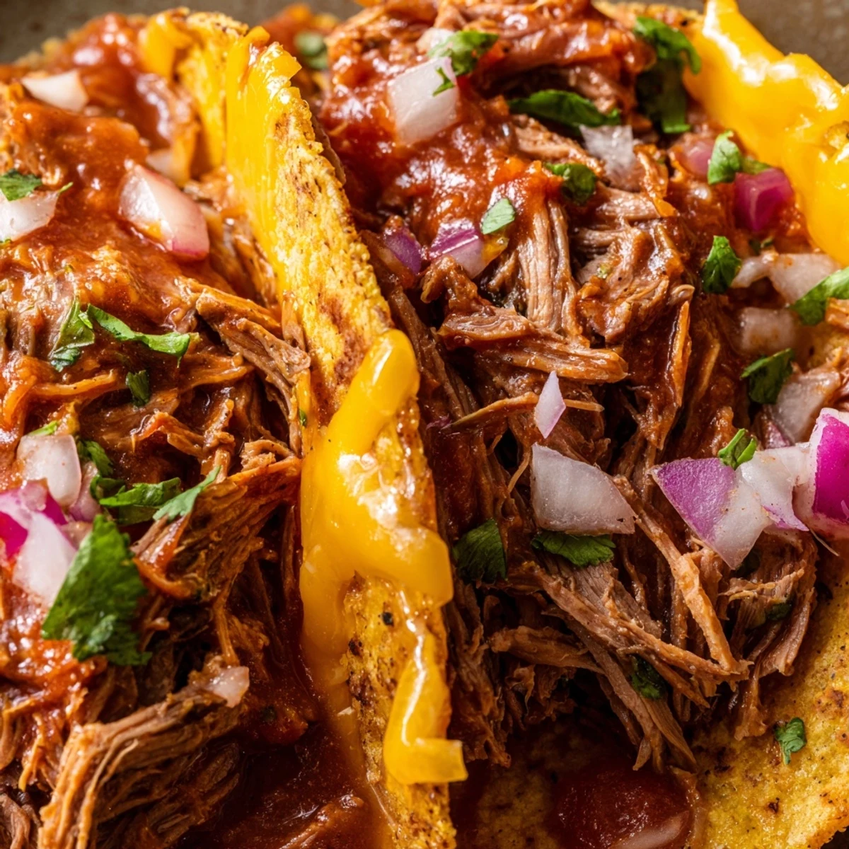 Mexican-style shredded beef tacos featuring crispy cheese crusts and colorful toppings of salsa and cilantro