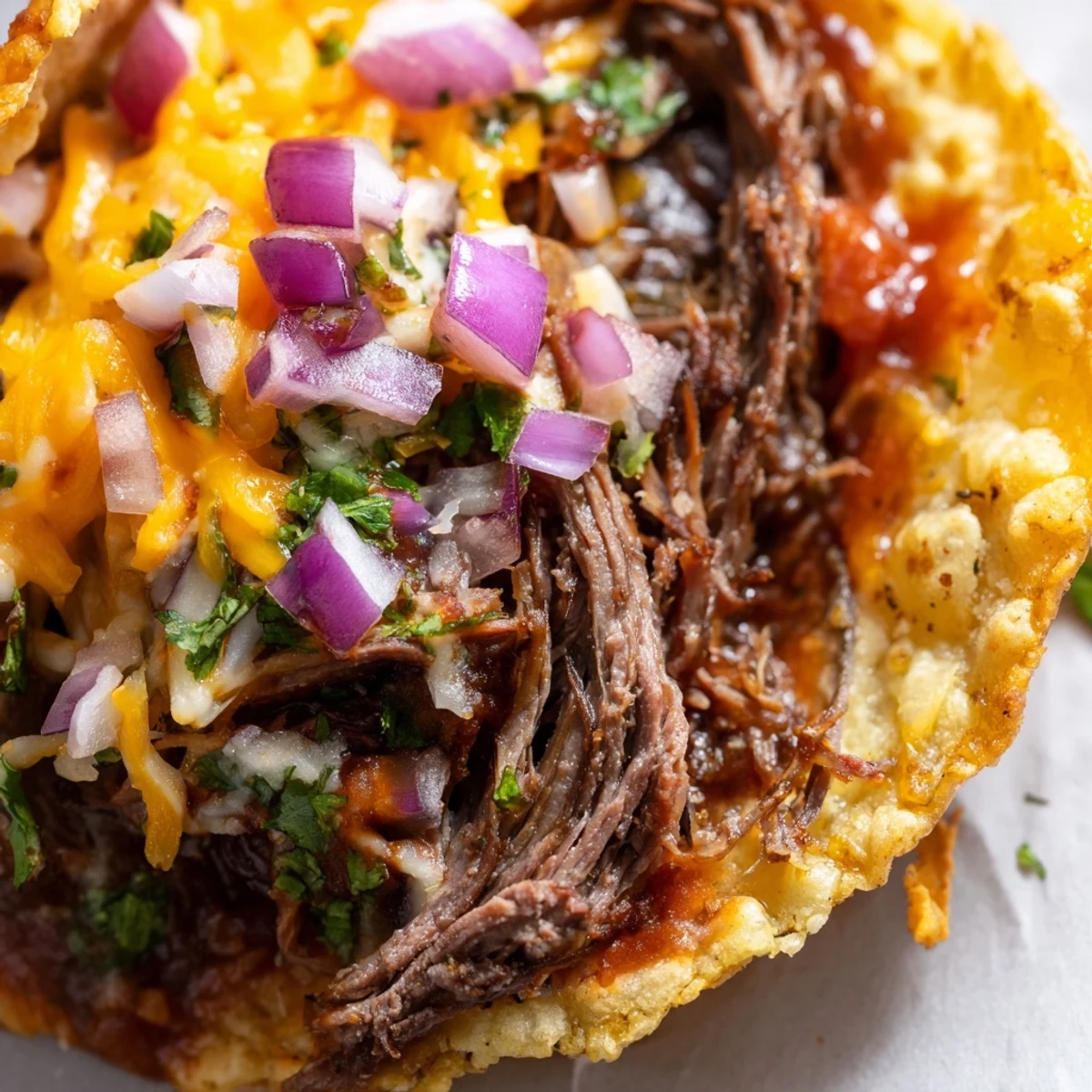 Tender beef piled in crispy cheese taco shells garnished with avocado slices and zesty lime wedges