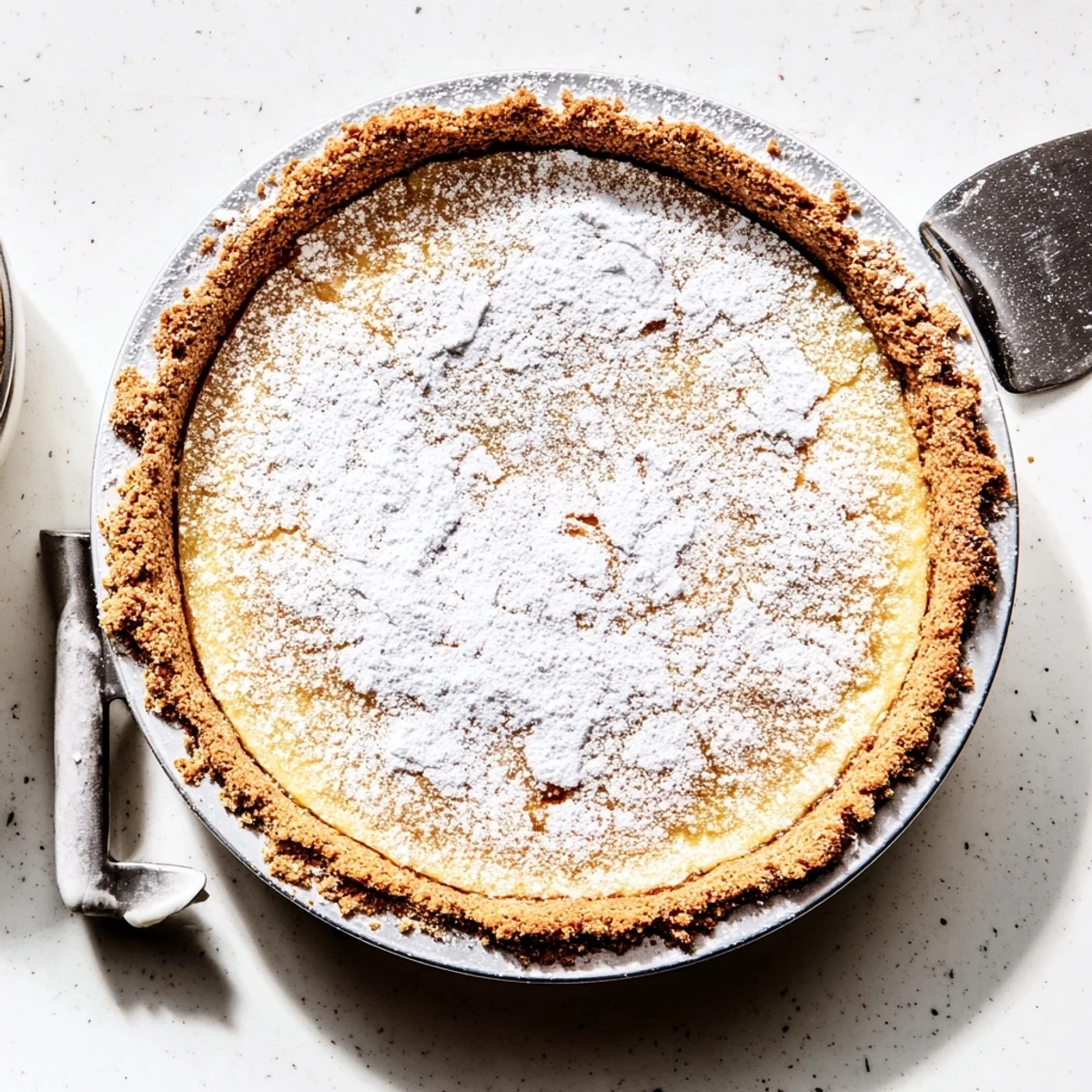 Dusted powdered sugar atop chilled Crack Pie featuring rich brown sugar filling and tender oat base