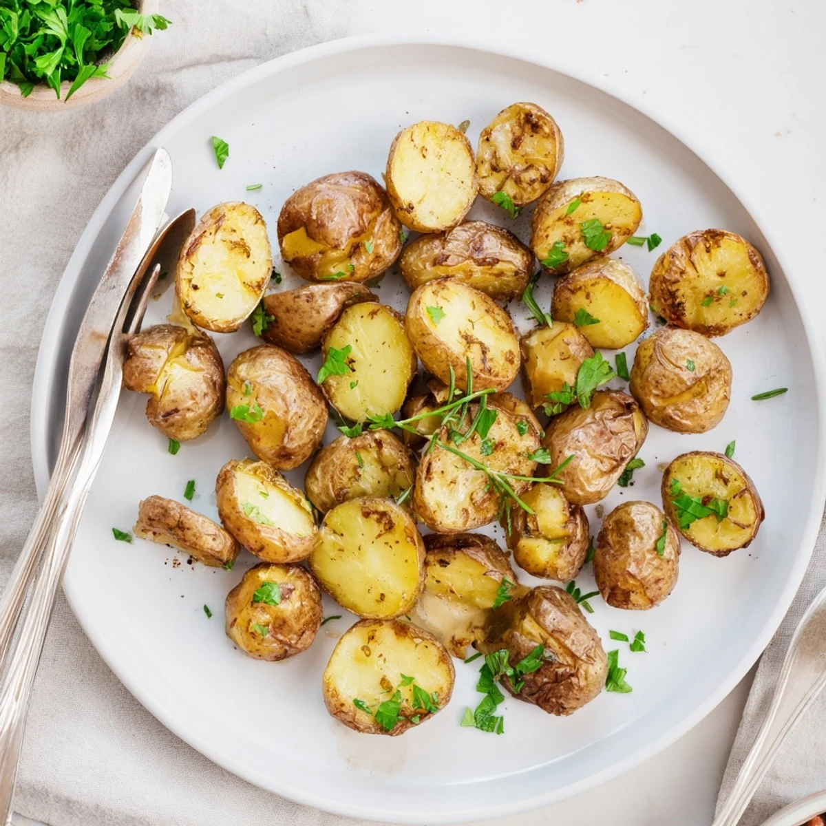 Golden brown crispy oven roasted baby potatoes arranged on a white serving platter with fresh parsley garnish