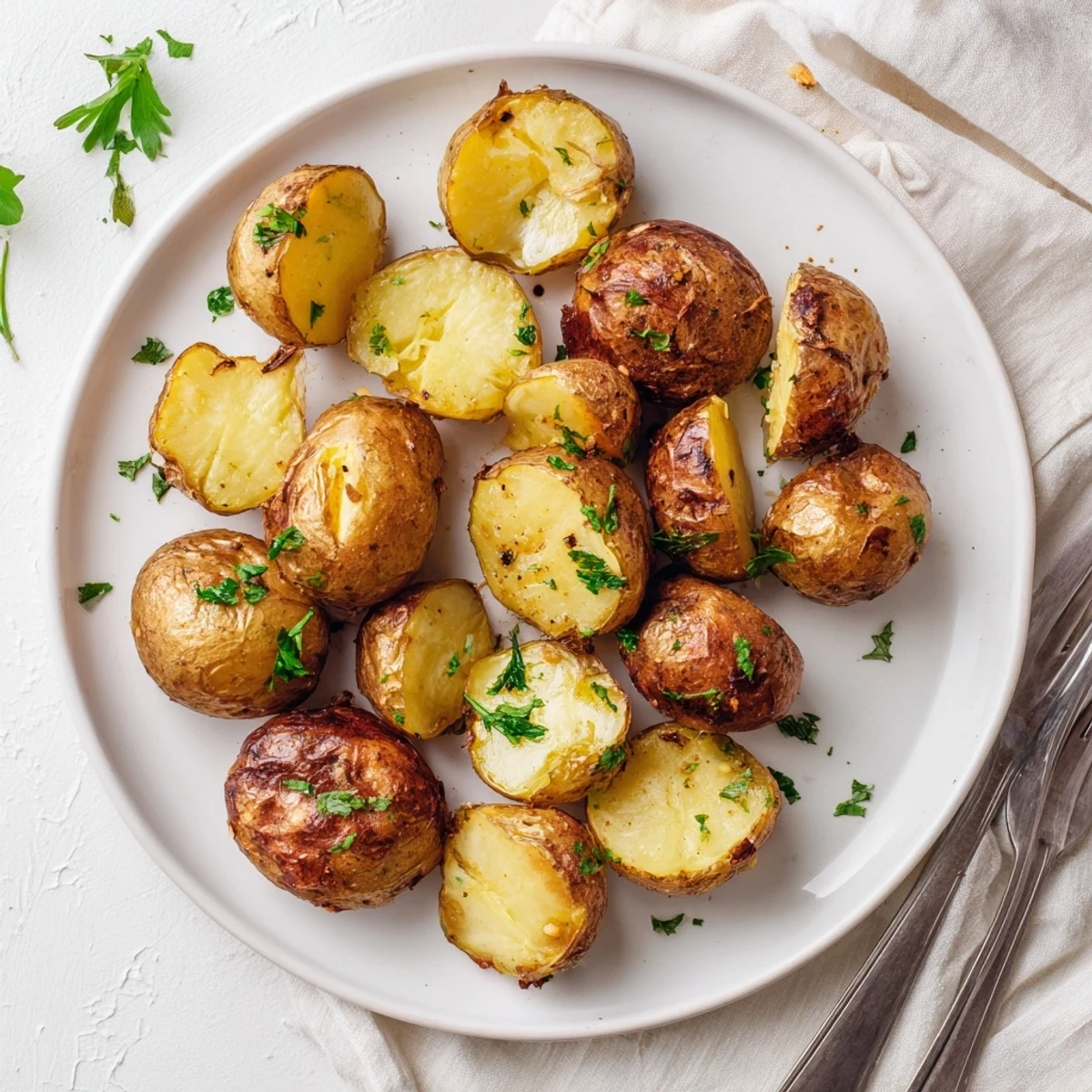 Close up of tender baby potatoes roasted until perfectly crisp and seasoned with herbs and spices
